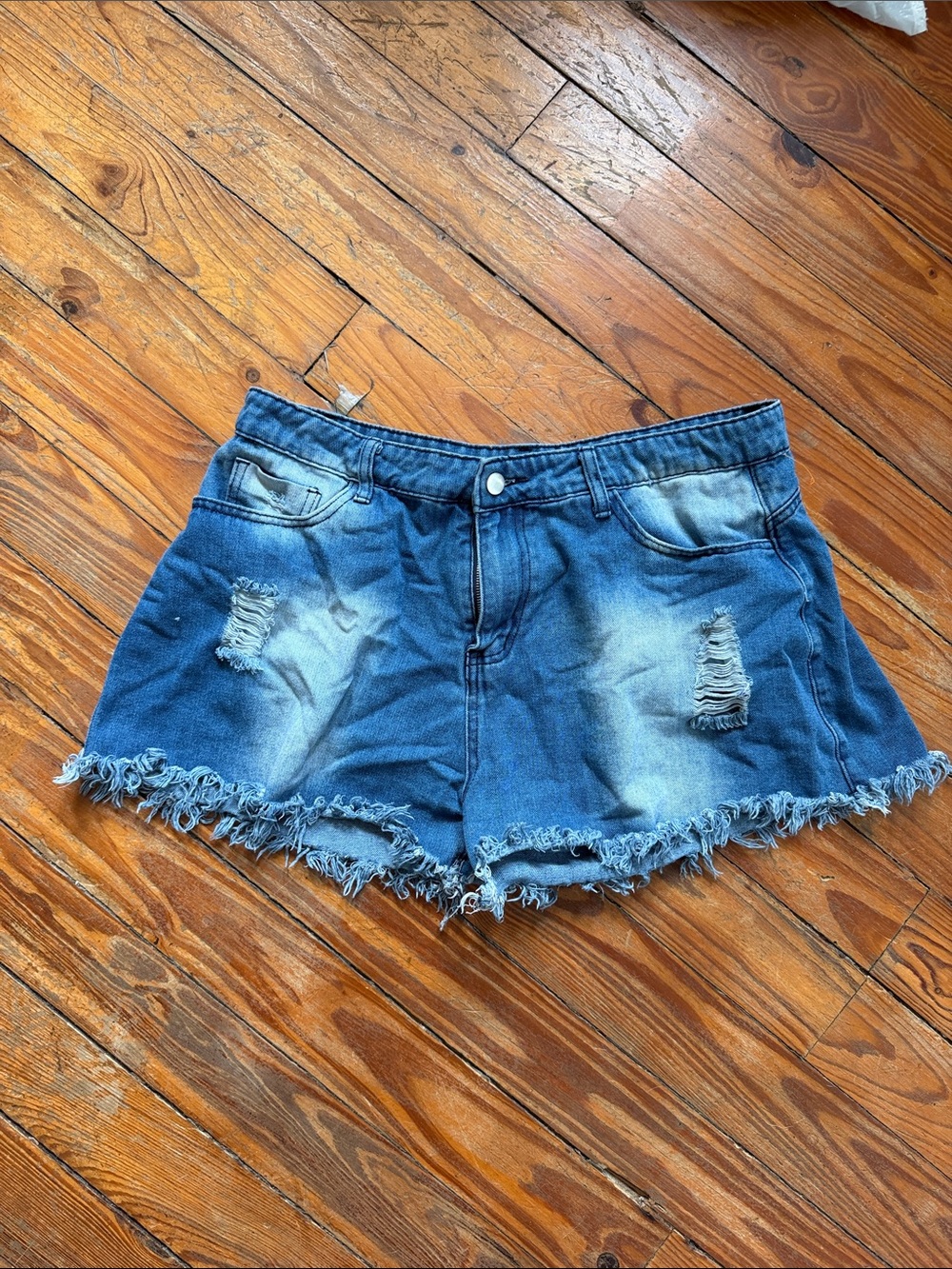 Frayed Hem Distressed Denim Shorts in Blue
